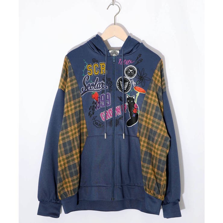 ネイビー | POP・チェック柄切替パーカー | ScoLar