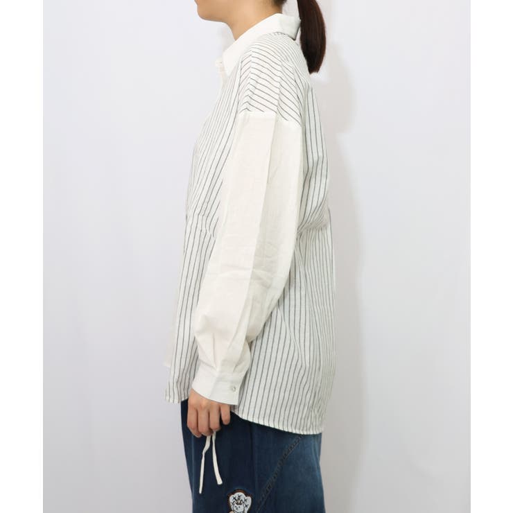 ネコの横顔刺繍 ストライプ切替シャツ | ScoLar | 詳細画像7 