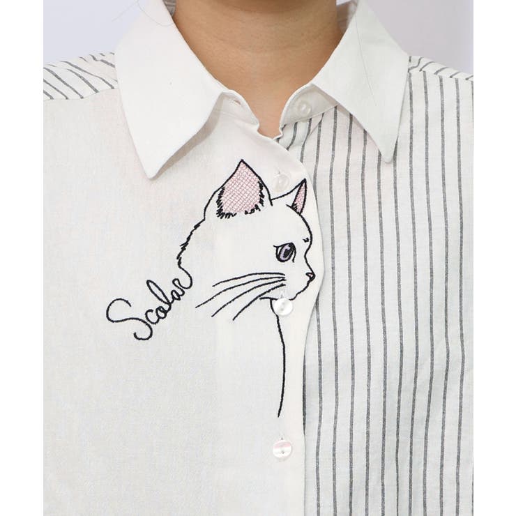 ネコの横顔刺繍 ストライプ切替シャツ | ScoLar | 詳細画像9 