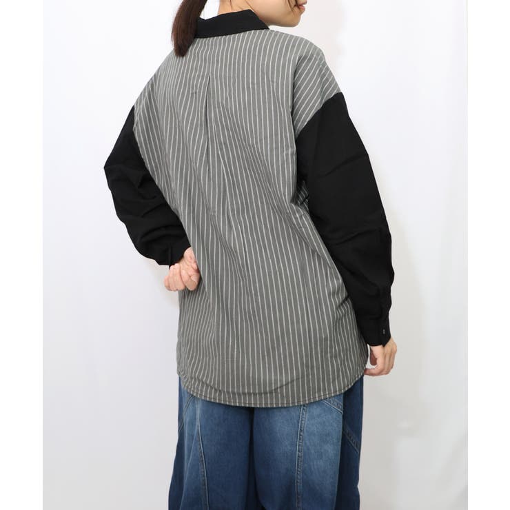 ネコの横顔刺繍 ストライプ切替シャツ | ScoLar | 詳細画像11 