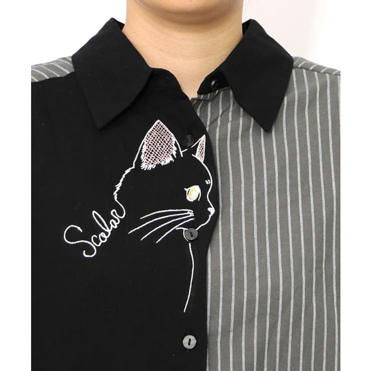 ネコの横顔刺繍 ストライプ切替シャツ | ScoLar | 詳細画像12 