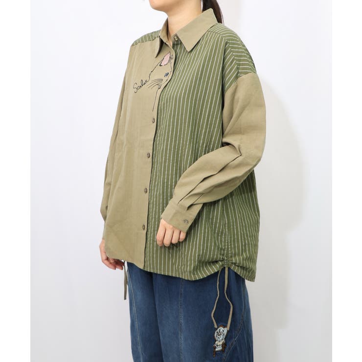 カーキ | ネコの横顔刺繍 ストライプ切替シャツ | ScoLar
