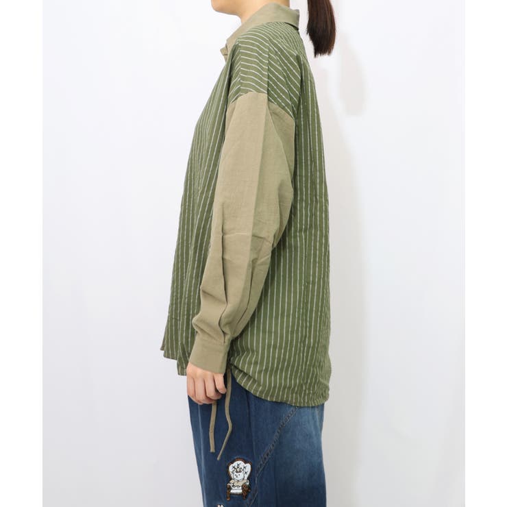 ネコの横顔刺繍 ストライプ切替シャツ | ScoLar | 詳細画像13 