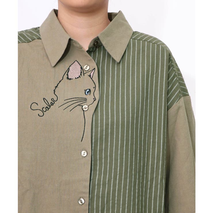 ネコの横顔刺繍 ストライプ切替シャツ | ScoLar | 詳細画像16 
