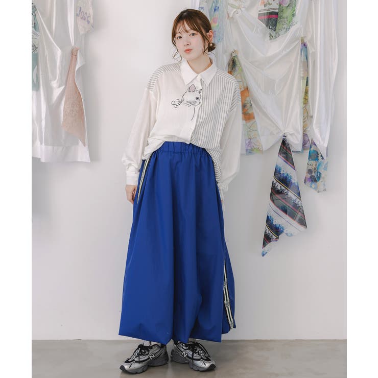 ネコの横顔刺繍 ストライプ切替シャツ | ScoLar | 詳細画像1 