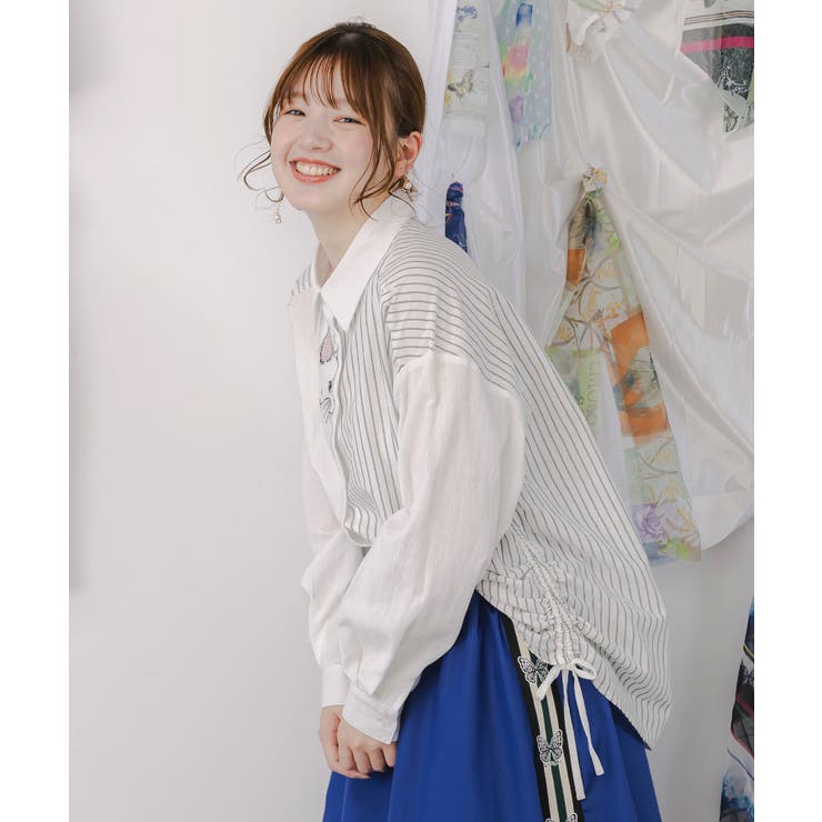 ネコの横顔刺繍 ストライプ切替シャツ | ScoLar | 詳細画像3 