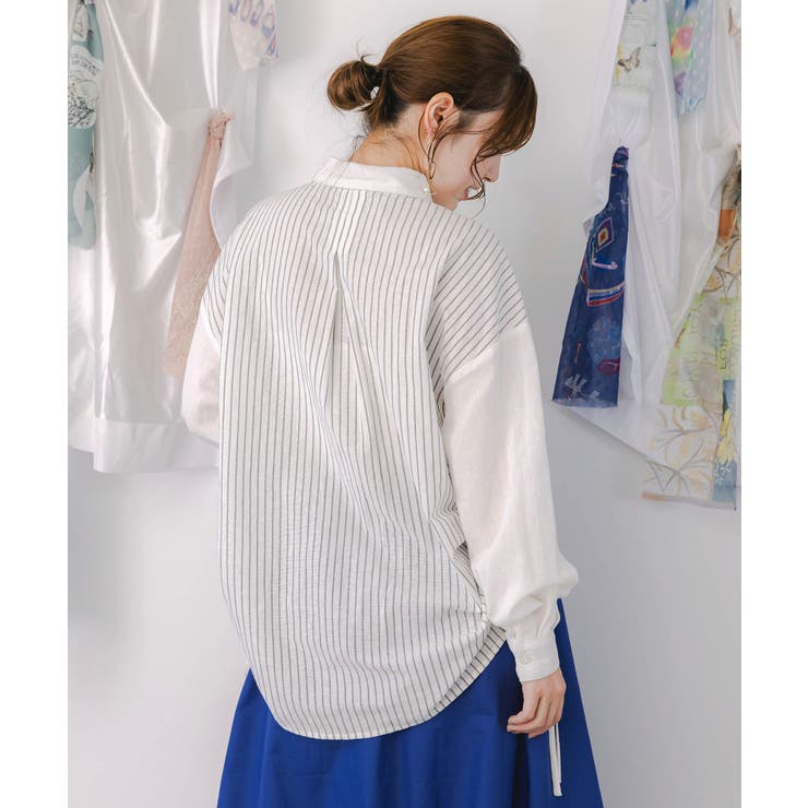 ネコの横顔刺繍 ストライプ切替シャツ | ScoLar | 詳細画像4 