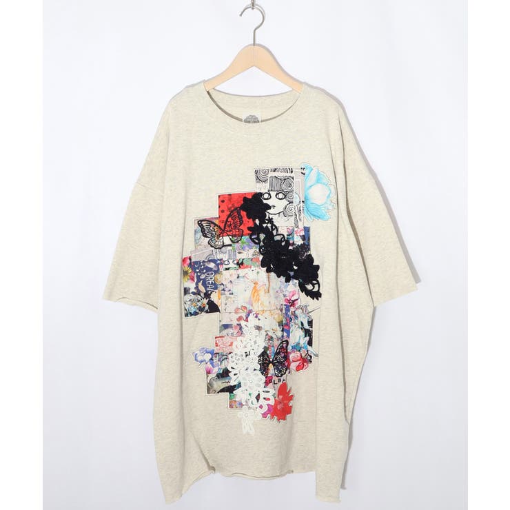 オートミール | コラージュ柄 レース貼り付け裏毛チュニック | ScoLar