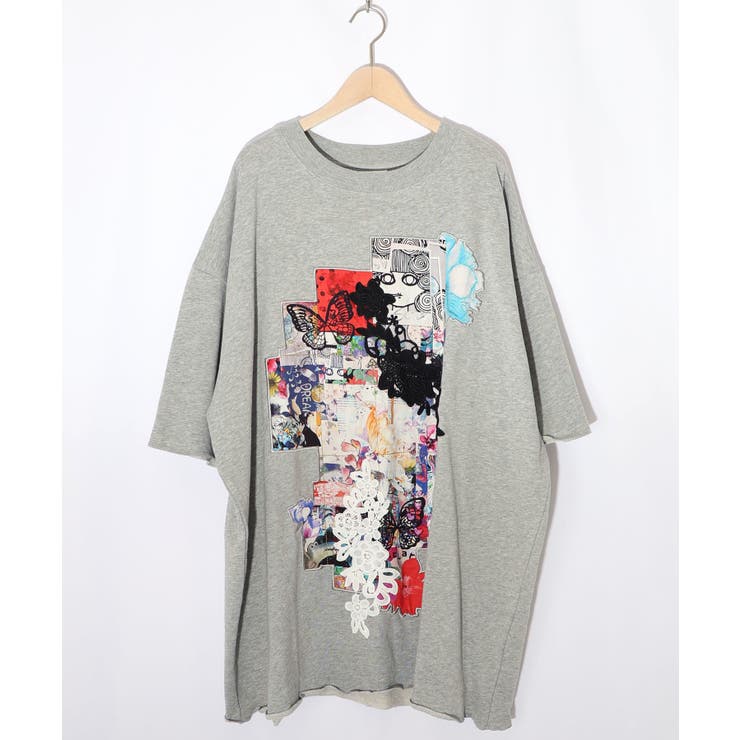 杢グレー | コラージュ柄 レース貼り付け裏毛チュニック | ScoLar