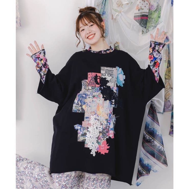 ブラック | コラージュ柄 レース貼り付け裏毛チュニック | ScoLar