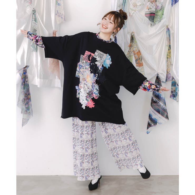 コラージュ柄 レース貼り付け裏毛チュニック | ScoLar | 詳細画像1 