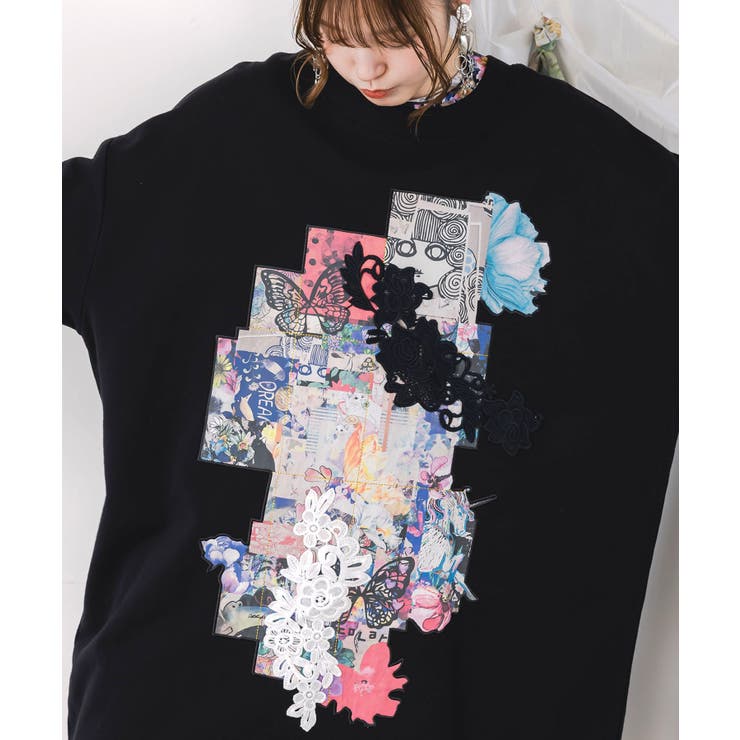 コラージュ柄 レース貼り付け裏毛チュニック | ScoLar | 詳細画像6 