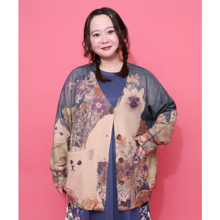 スカラー　scolar 153669：アンティーク風秋色ネコカーディガン 153669：アンティーク風秋色ネコカーディガンの通販-ScoLar