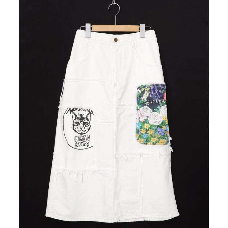 オフホワイト | 花ネコのアシメフリンジ アップリケデニムスカート | ScoLar