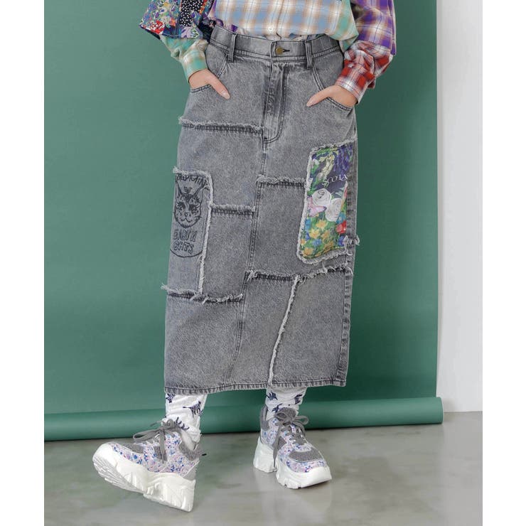 花ネコのアシメフリンジ アップリケデニムスカート[品番：SRSW0000332