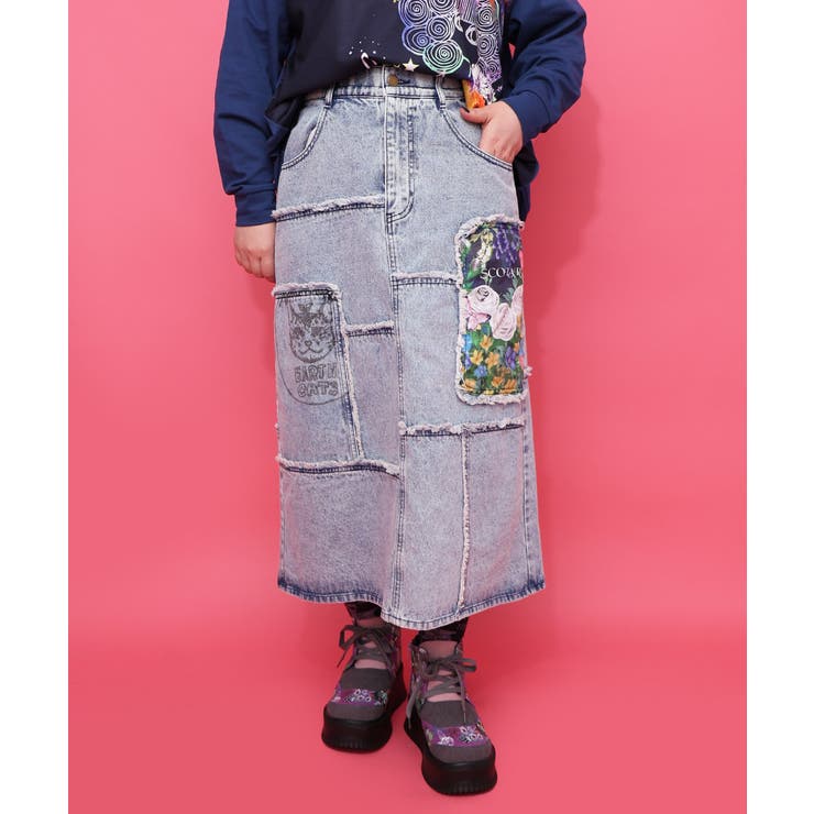 ブルー | 花ネコのアシメフリンジ アップリケデニムスカート | ScoLar