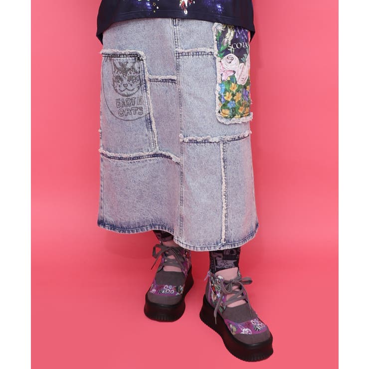 花ネコのアシメフリンジ アップリケデニムスカート | ScoLar | 詳細画像10 