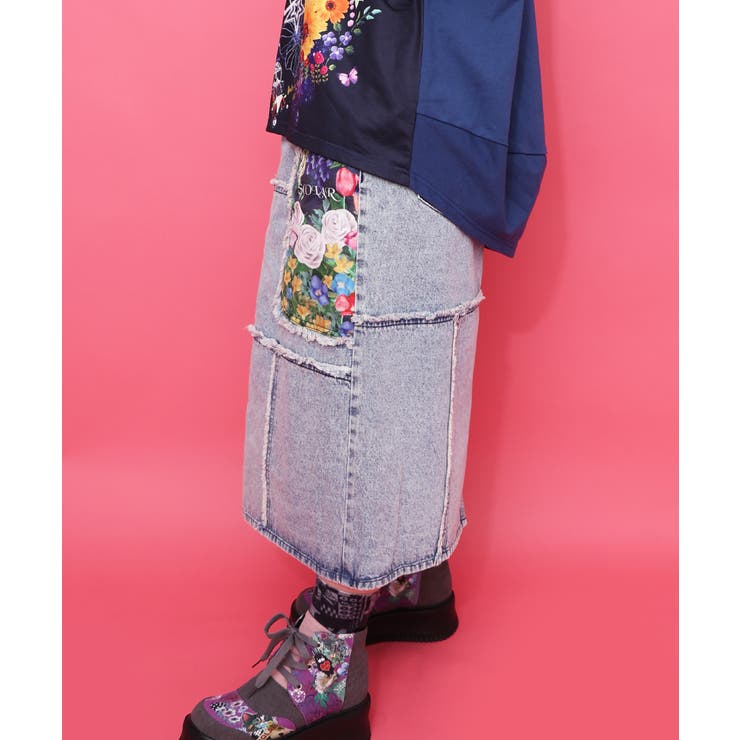 花ネコのアシメフリンジ アップリケデニムスカート | ScoLar | 詳細画像11 