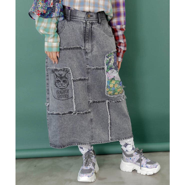 花ネコのアシメフリンジ アップリケデニムスカート | ScoLar | 詳細画像2 