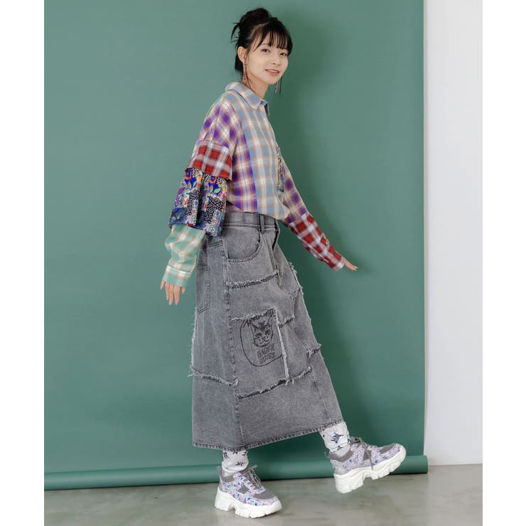 花ネコのアシメフリンジ アップリケデニムスカート | ScoLar | 詳細画像3 