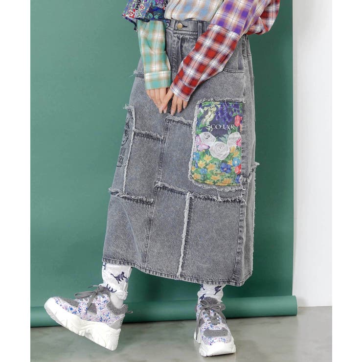 花ネコのアシメフリンジ アップリケデニムスカート | ScoLar | 詳細画像5 