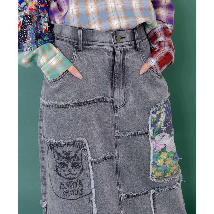 花ネコのアシメフリンジ アップリケデニムスカート | ScoLar | 詳細画像6 