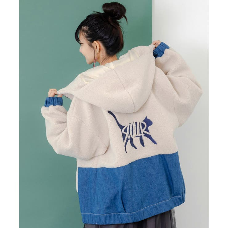 ネコ刺繍ボア×デニム異素材切替ブルゾン | ScoLar | 詳細画像1 