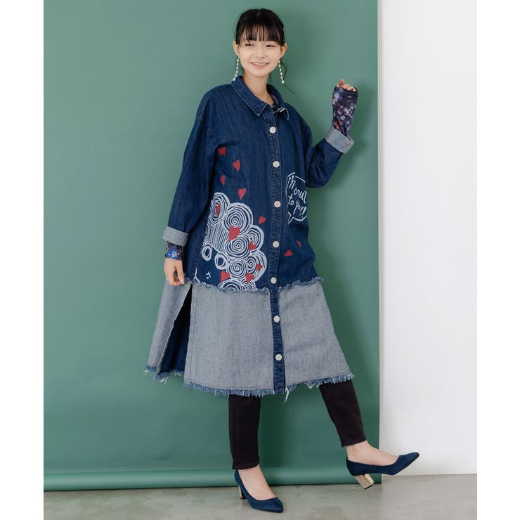 ネイビー | ひょっこりスカラーちゃん柄デニムシャツアウター | ScoLar