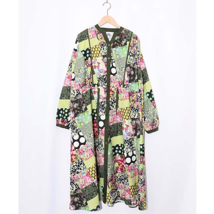 パッチワーク風総柄ドロスト前開きワンピース | ScoLar | 詳細画像14 