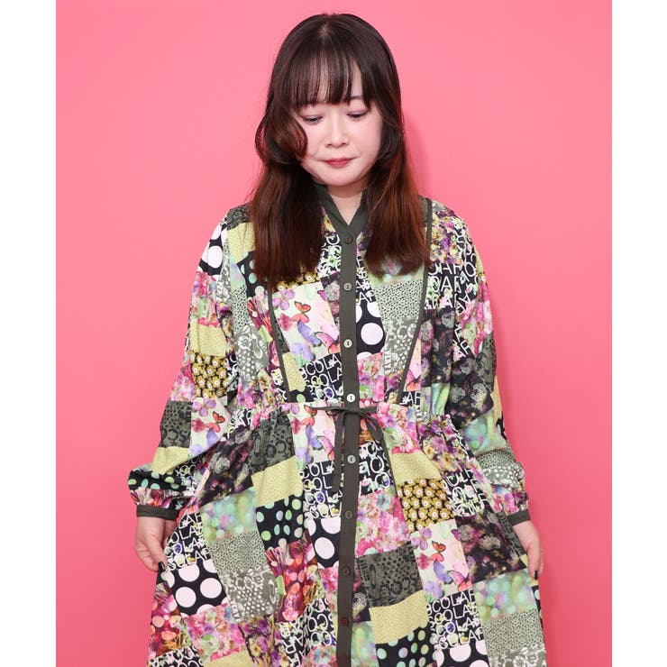 パッチワーク風総柄ドロスト前開きワンピース | ScoLar | 詳細画像3 