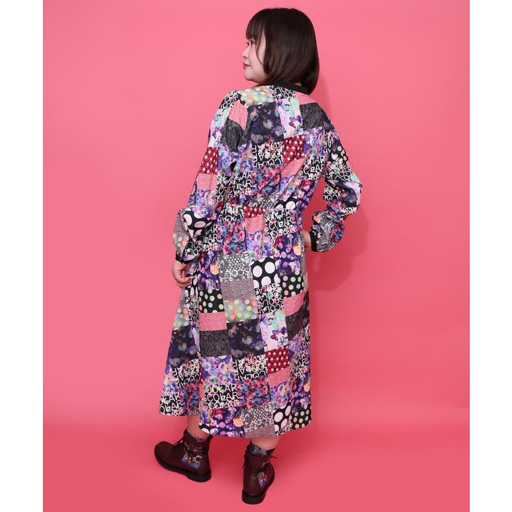 パッチワーク風総柄ドロスト前開きワンピース | ScoLar | 詳細画像9 