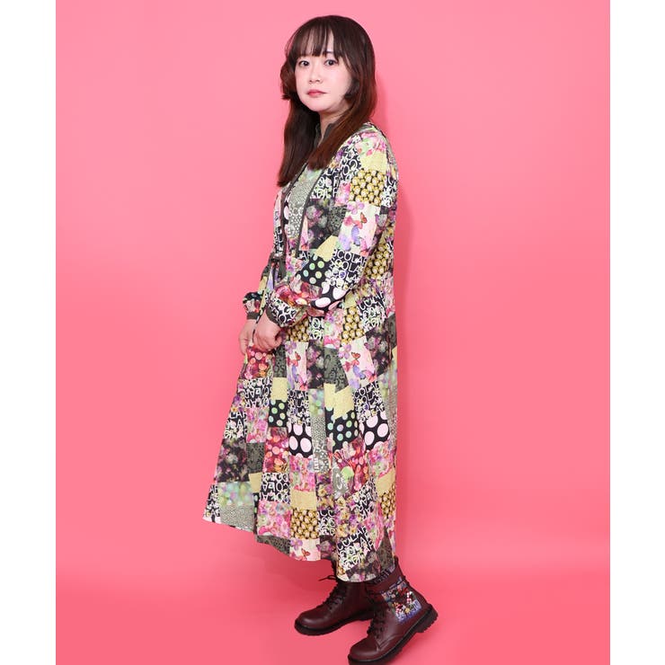 パッチワーク風総柄ドロスト前開きワンピース | ScoLar | 詳細画像2 