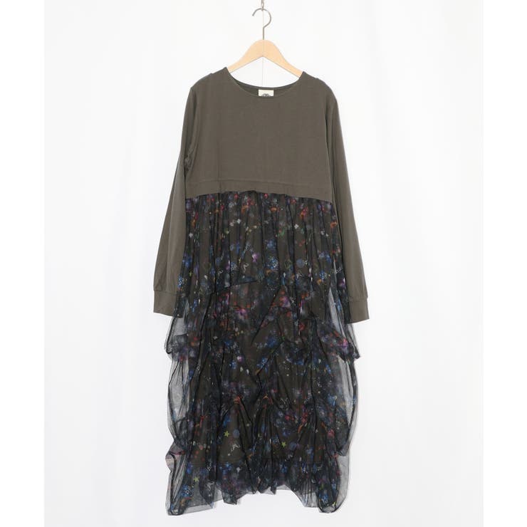 チャコールグレー | 2柄展開タック入りチュールバルーンワンピース | ScoLar