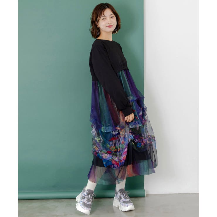 ブラック | 2柄展開タック入りチュールバルーンワンピース | ScoLar