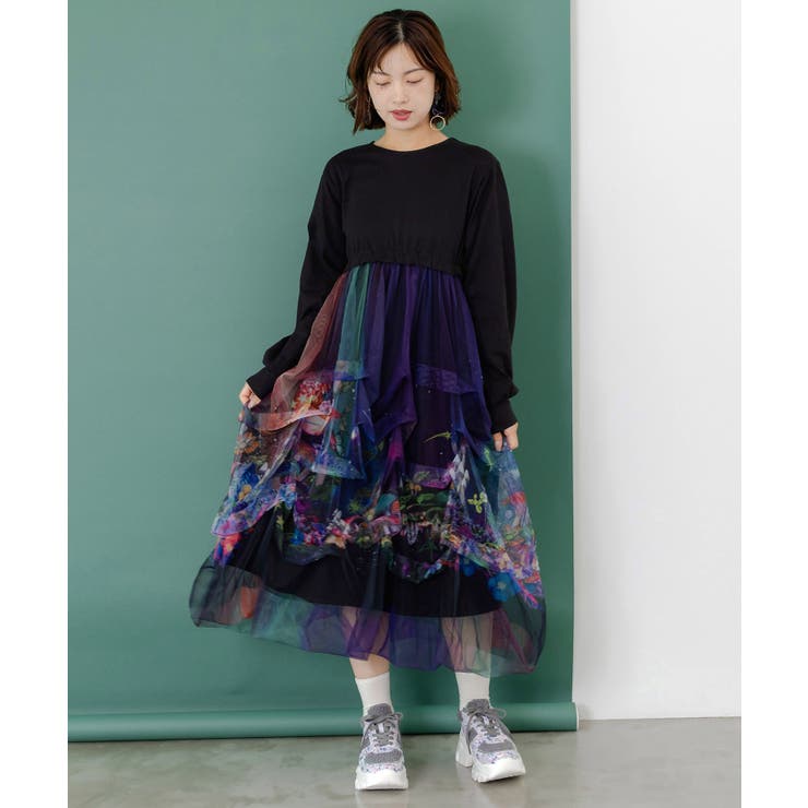 2柄展開タック入りチュールバルーンワンピース | ScoLar | 詳細画像2 