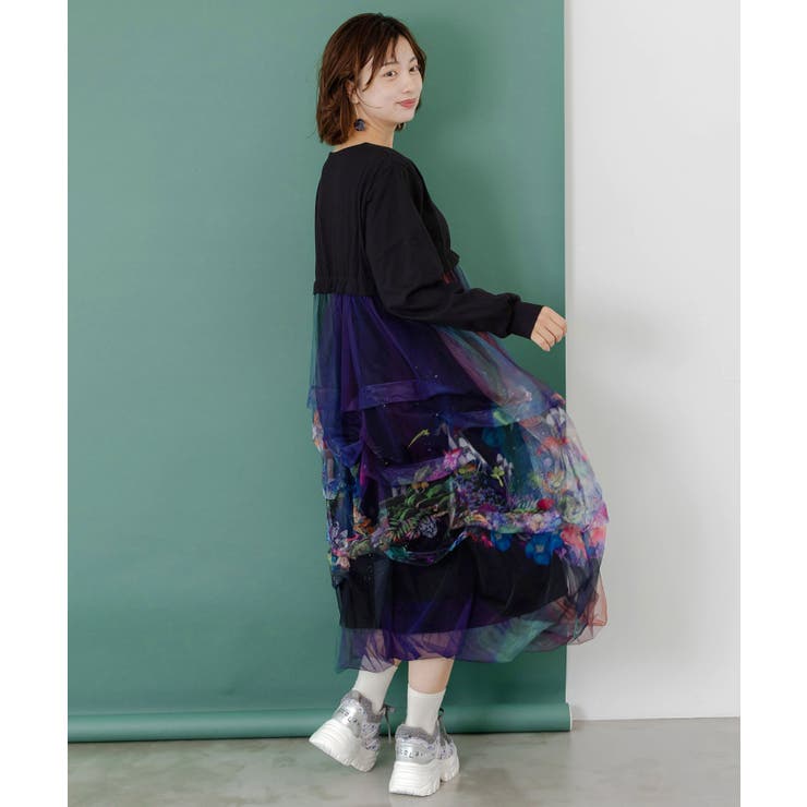 2柄展開タック入りチュールバルーンワンピース | ScoLar | 詳細画像5 