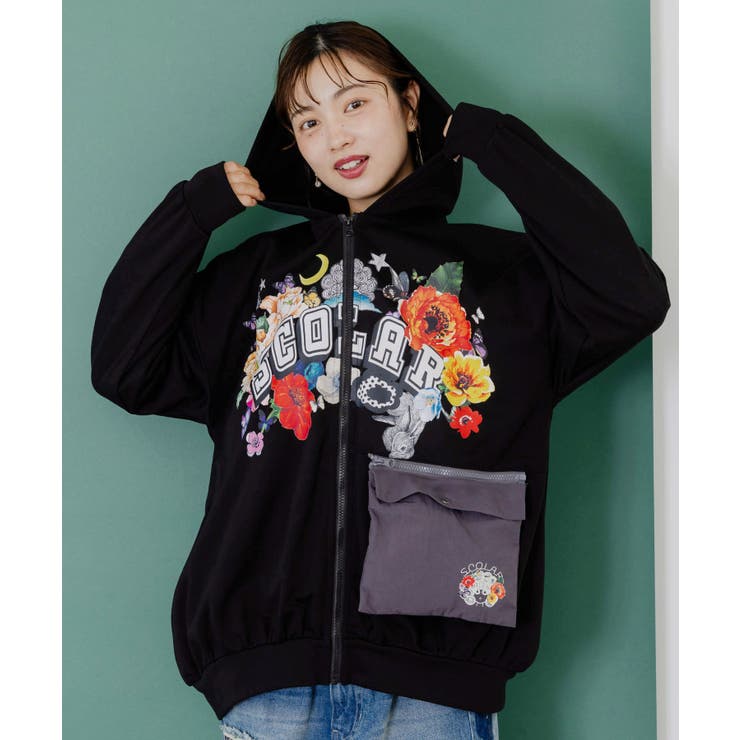 ブラック | 取り外し可能サコッシュ付き 花×ロゴパーカー | ScoLar