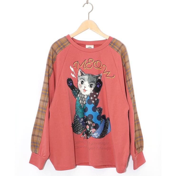 ピンク | ネコ怪獣とチェック柄 切替裏毛プルオーバー | ScoLar