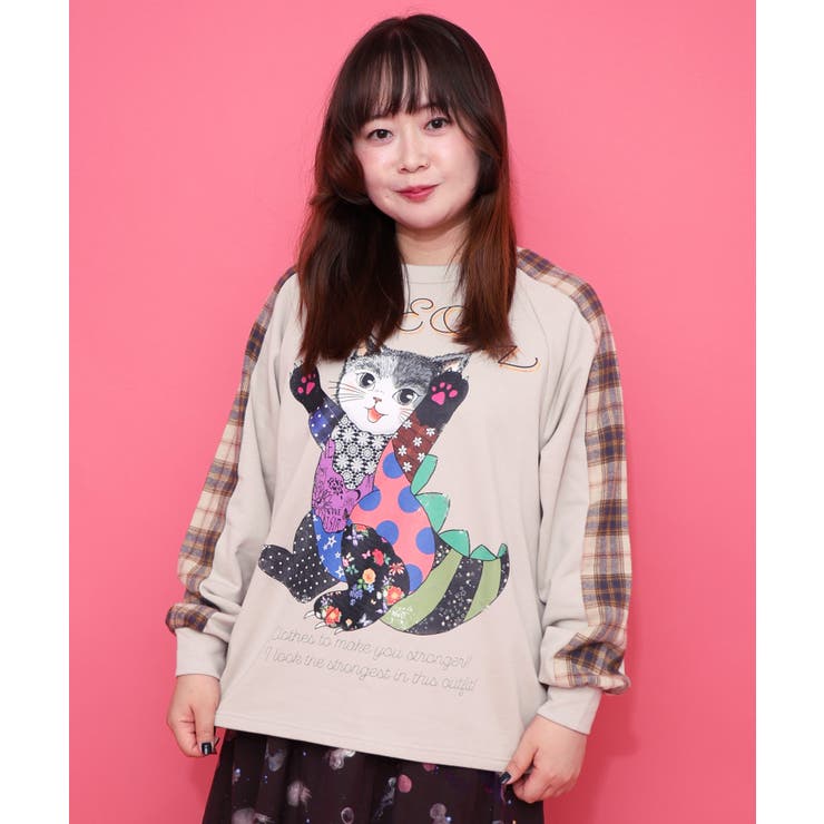 ベージュ | ネコ怪獣とチェック柄 切替裏毛プルオーバー | ScoLar