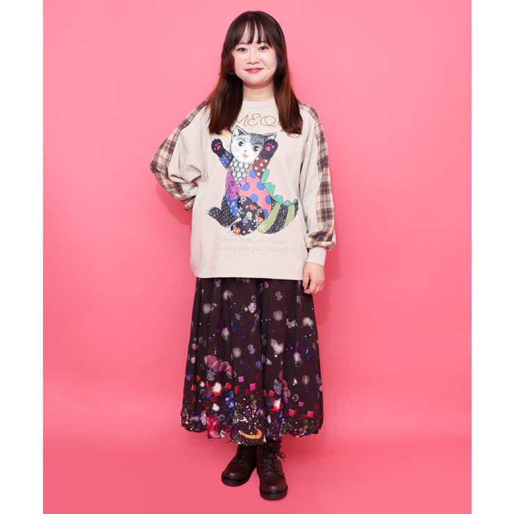 ネコ怪獣とチェック柄 切替裏毛プルオーバー | ScoLar | 詳細画像1 