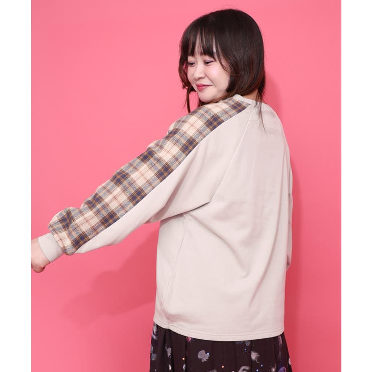 ネコ怪獣とチェック柄 切替裏毛プルオーバー | ScoLar | 詳細画像2 
