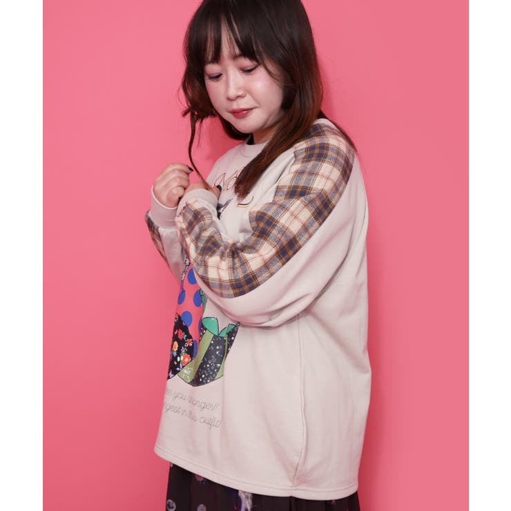 ネコ怪獣とチェック柄 切替裏毛プルオーバー | ScoLar | 詳細画像3 