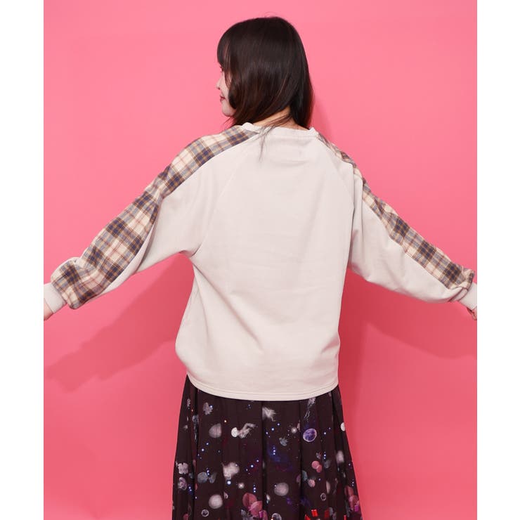 ネコ怪獣とチェック柄 切替裏毛プルオーバー | ScoLar | 詳細画像5 