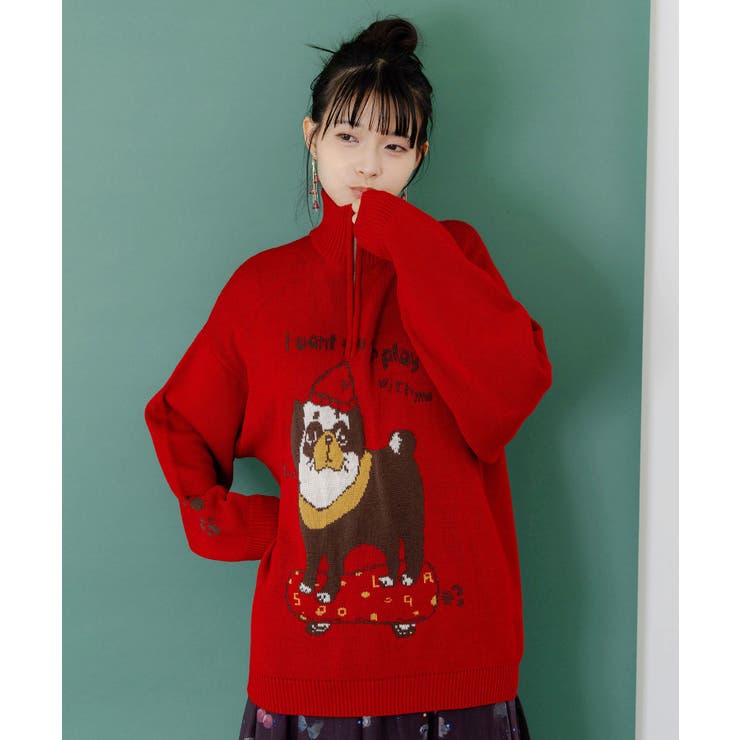 かまって欲しいパグ ハイネックニットプルオーバー[品番：SRSW0000339