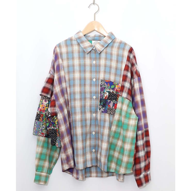 スカラー　scolar 153687：チェックと総柄のアシメパッチワークシャツ 153687：チェックと総柄のアシメパッチワークシャツの通販-ScoLar