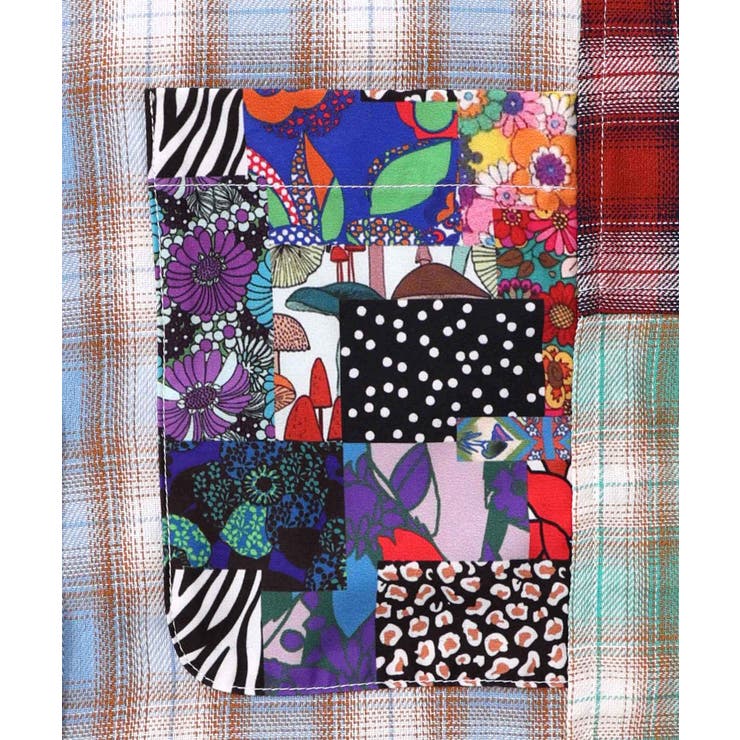 チェックと総柄のアシメパッチワークシャツ[品番：SRSW0000296