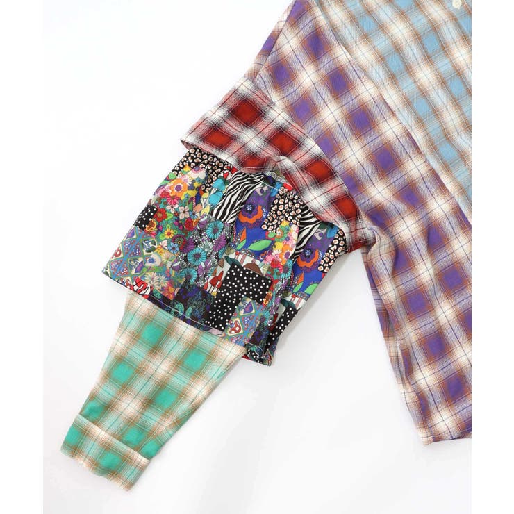 チェックと総柄のアシメパッチワークシャツ[品番：SRSW0000296