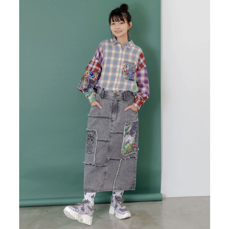 チェックと総柄のアシメパッチワークシャツ | ScoLar | 詳細画像1 