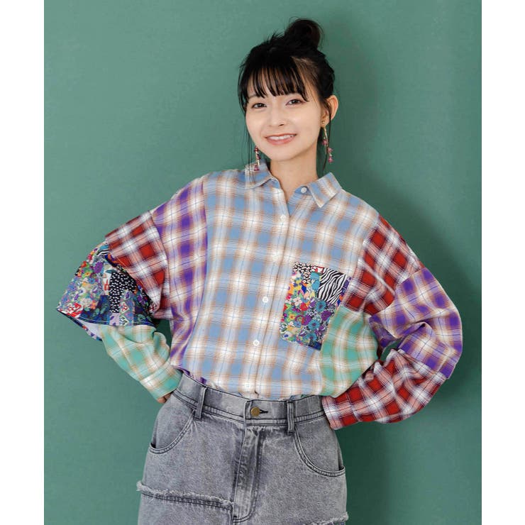 チェックと総柄のアシメパッチワークシャツ | ScoLar | 詳細画像2 