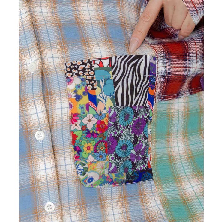 チェックと総柄のアシメパッチワークシャツ[品番：SRSW0000296